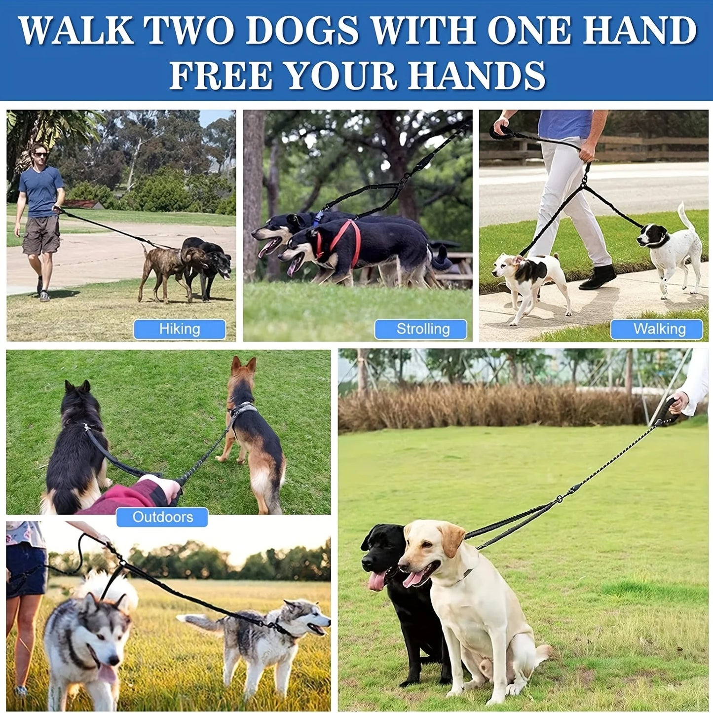 Golden Snout tangle-free double dog leash adjustable 15-27 inches fits all breeds