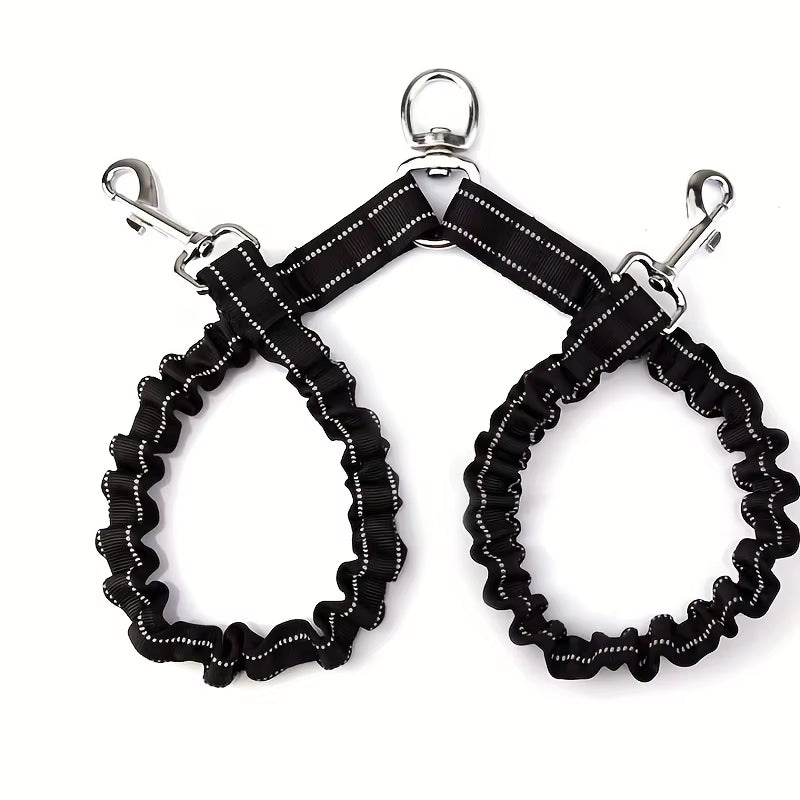 Golden Snout tangle-free double dog leash coupler — 360° swivel black nylon