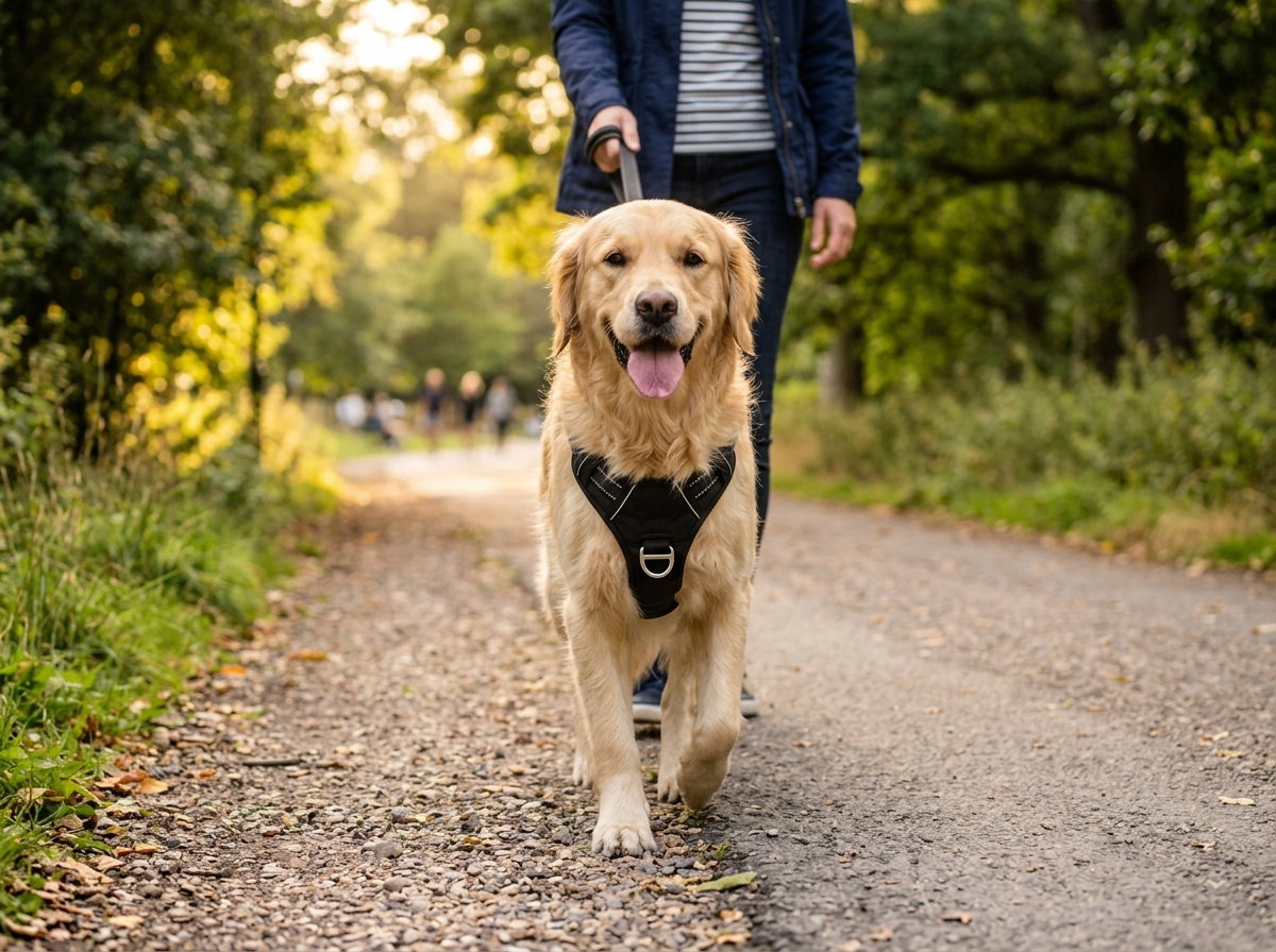 Dog wearing Golden Snout no-pull harness walking calmly on leash